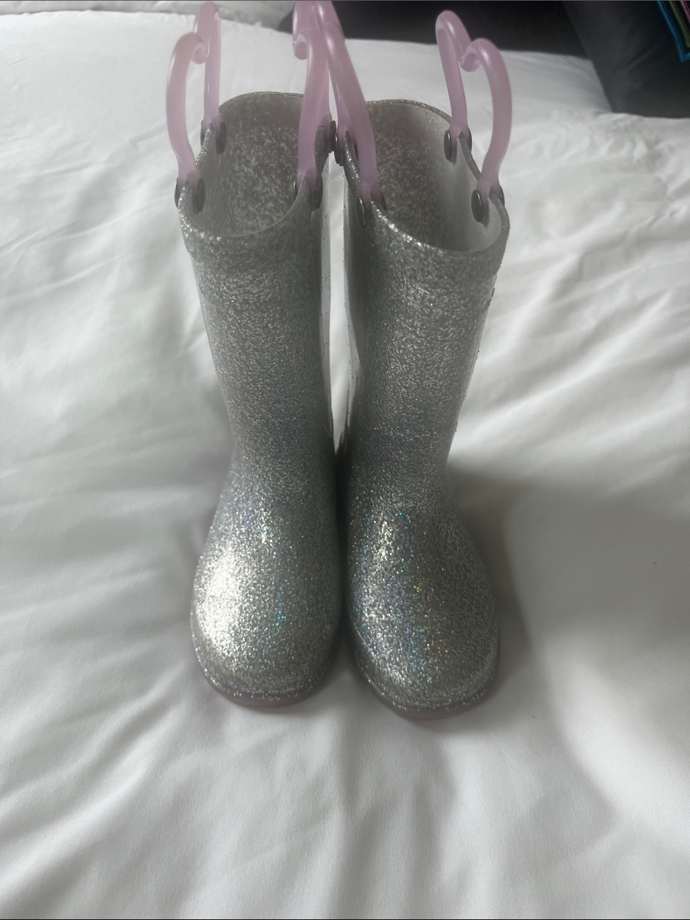 Western Chief Silver Glitter Kids Rain Boots with Pink Pull Handles